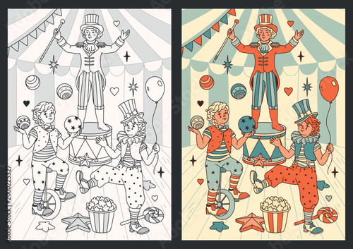 Playful vintage circus set with a clown juggling balls on a unicycle, a ringmaster, and a funny clown with a balloon. Monochrome coloring page and painted companion included.