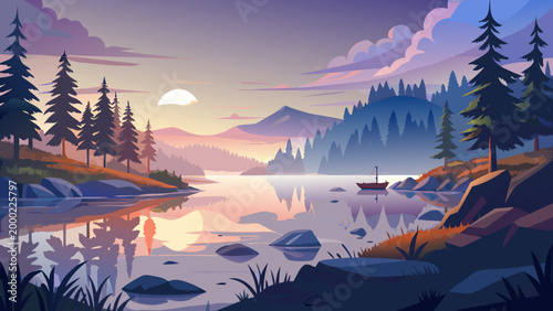 Very beautiful peaceful beginning of a new day on a secluded lake in northern Wisconsin, featuring calm water, soft morning light, misty atmosphere, and untouched north woods serenity.