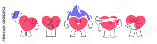 Cute happy and sad heart characters. Funny love mascots, romantic valentine s...