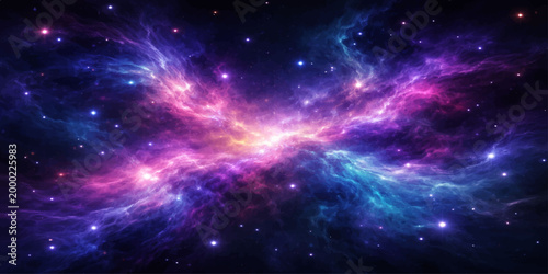 A deep space nebula glows with bright blue light across a dark cosmos field of stars and distant galaxies in this abstract universe wallpaper illustration