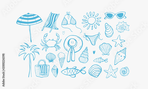 Summer vacation sea life doodle hand drawn vector illustrations set in sketch style. Mediterranean dolce vita life. Hat, beach umbrella, swimsuit, crab, seashells, palm, sunglasses, fish in blue color