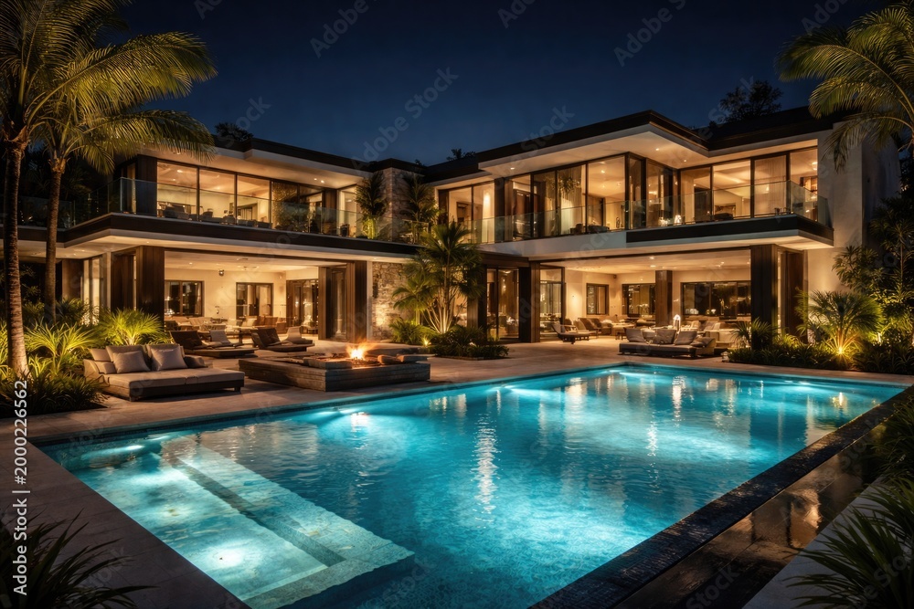 Fototapeta premium Luxury modern house featuring a radiant pool after dark