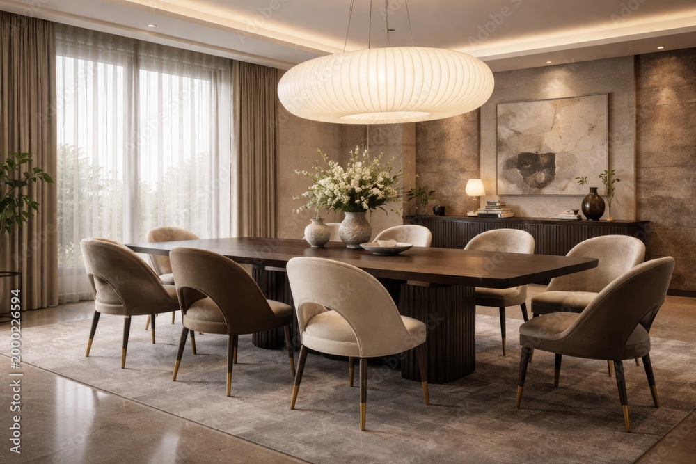 Fototapeta premium Elegant dining space highlighting a wide table, artistic chair designs, and a large pendant lamp mockup