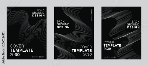 Dark Minimalist Abstract Poster Designs, Luxury Black Background with Fluid Gray Wave Lines, Modern Elegant Cover Templates for Corporate Business and Tech Presentations