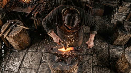 Blacksmith hammering glowing metal at indoor forge workshop