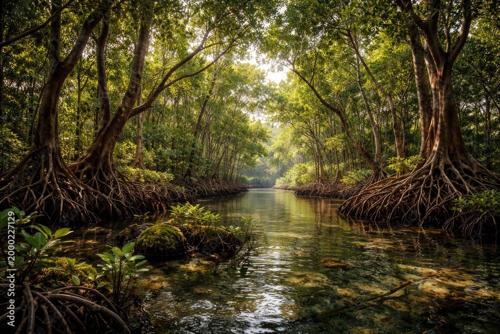 Obraz premium Ecological mangrove forest with abundant mangrove tree growth