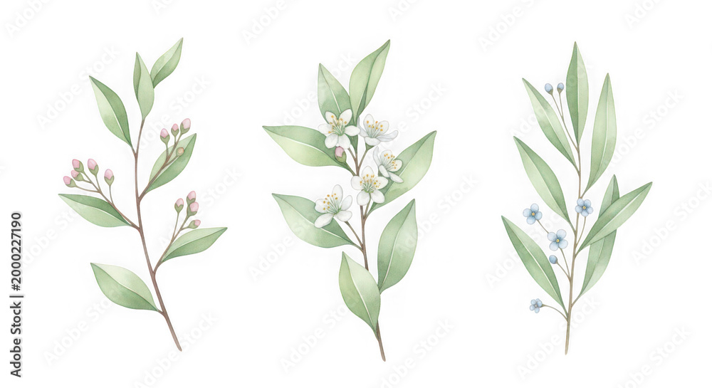 Fototapeta premium A collection of three delicate watercolor botanical branches featuring green leaves and soft buds