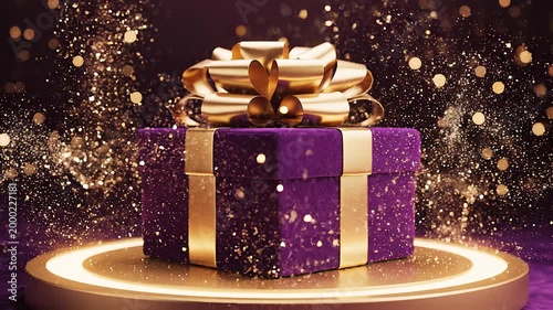 Purple gift box with gold ribbon and bow on glowing platform, surrounded by sparkling particles, symbolizing celebration, elegance, luxury, and festive anticipation.