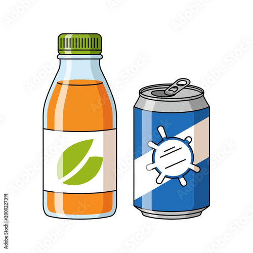 Orange Juice Bottle and Soda Can with Abstract Design