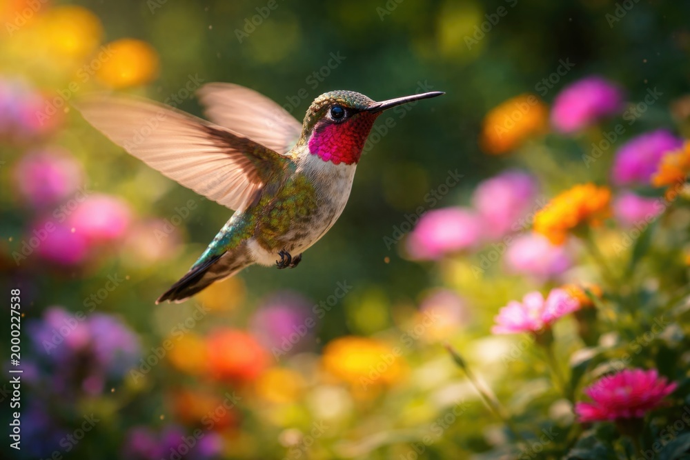 Fototapeta premium Anna hummingbird in flight with wings blurred over colorful garden