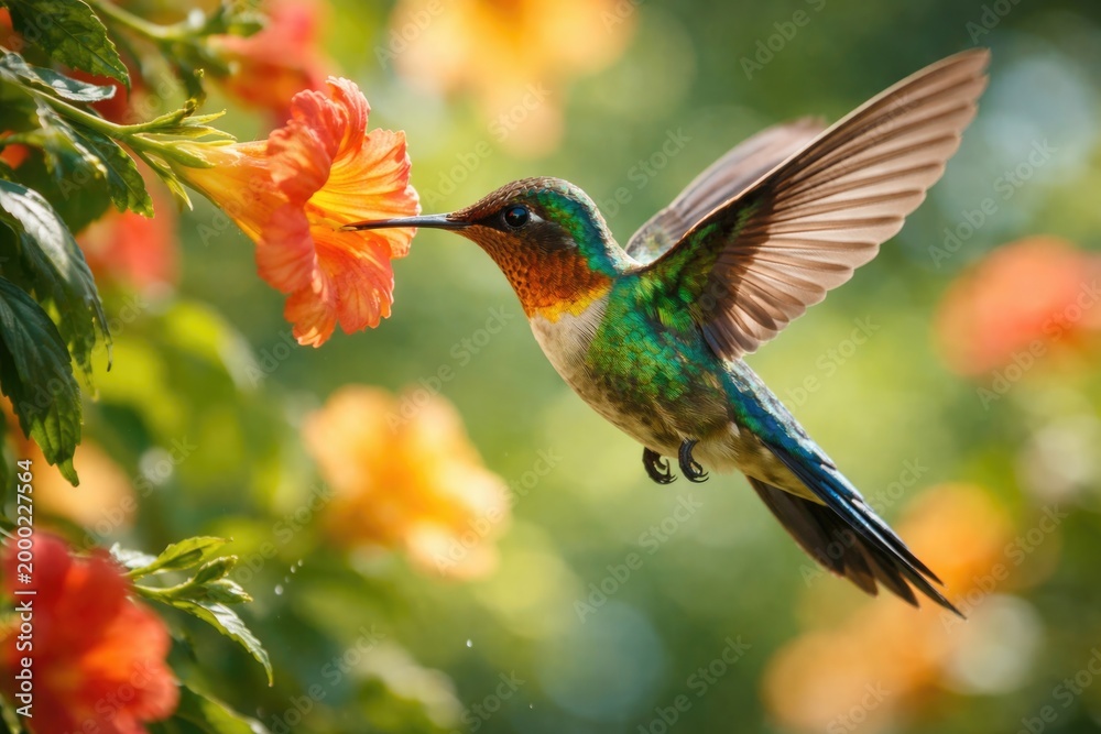 Obraz premium Lively swallowtail hummingbird drinking nectar during bright daylight