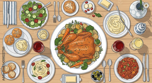 Delicious Roasted Chicken Dinner Feast Spread Overhead View.