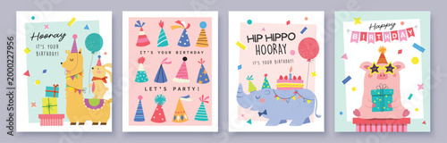 Set of Birthday greeting card with cute little pig, hippo, llama, rabbit, party hats and colorful confetti.