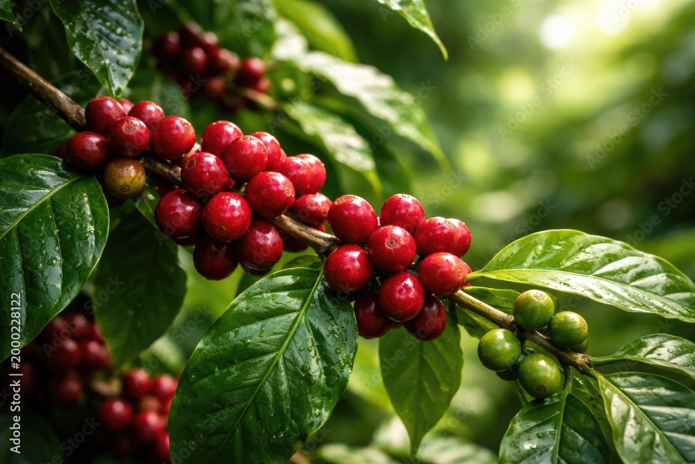 Obraz premium Natural scene featuring ripe Arabica coffee cherries and fresh green foliage