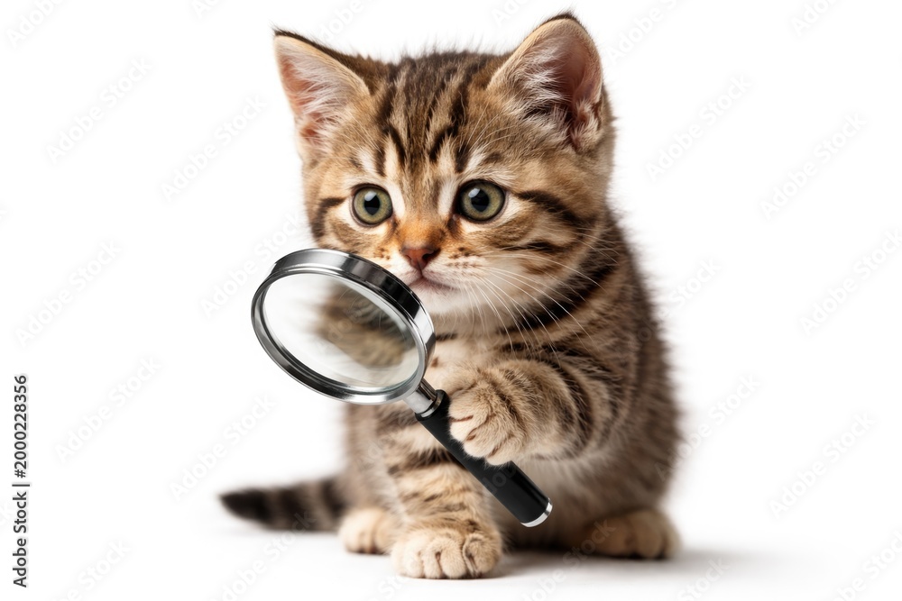 Obraz premium Inquisitive kitty with magnifier against clean white backdrop