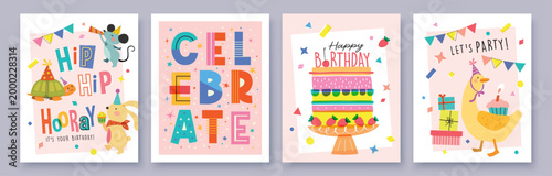 Set of Birthday greeting card with cute cartoon character animals, cake and colorful confetti.