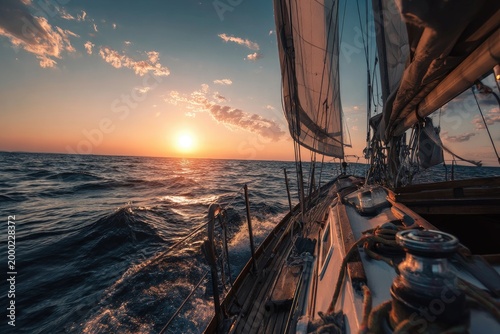 Sailing at sunset, golden sky, serene ocean waves, calm voyage