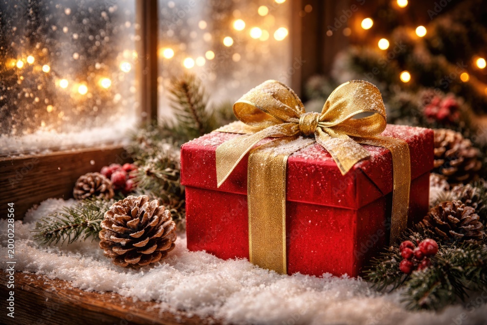 Fototapeta premium Festive red gift box resting on snowy surface by window with sparkling holiday lights and rustic pinecones for magical season mood