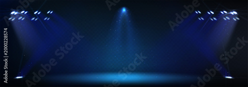 Stadium spotlight shining bright on transparent background. Vector realistic illustration of illumination system for concert stage, show, sports event, night football match, powerful light beams