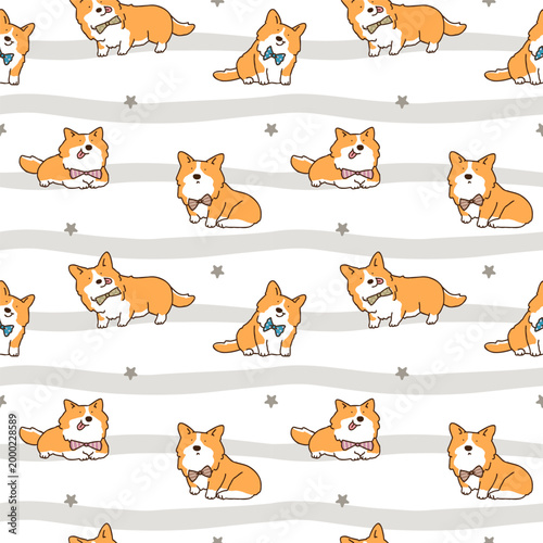 Seamless Pattern with Cartoon Corgi Dog, Star and Wavy Line Design on White Background. Hand Drawn Vector Illustration. 