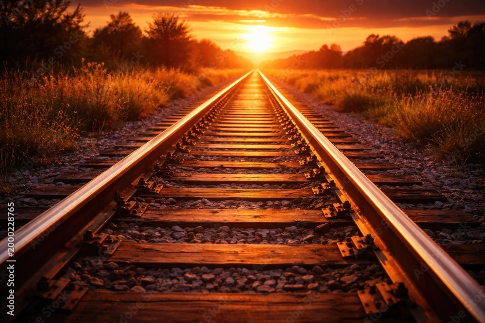 Fototapeta premium Old railway tracks glowing at sunset with clear copy space