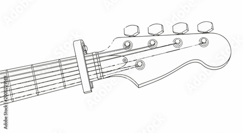 Close-up sketch of a bass guitar headstock and neck