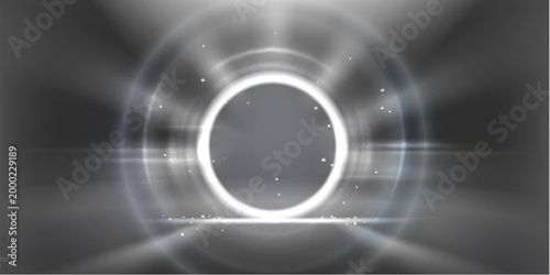 Glowing white light halo with radiant neon flare effects. Vector realistic illustration of abstract luminous circular rings on silver background, magic portal energy, bright aura luminous circles
