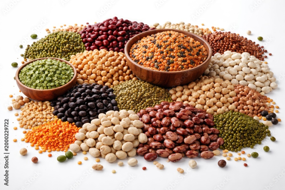 Fototapeta premium Different kinds of legumes artfully placed on a smooth white background