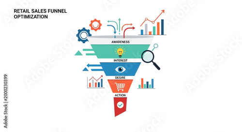 Retail sales funnel graphic illustration showing customer journey and optimization