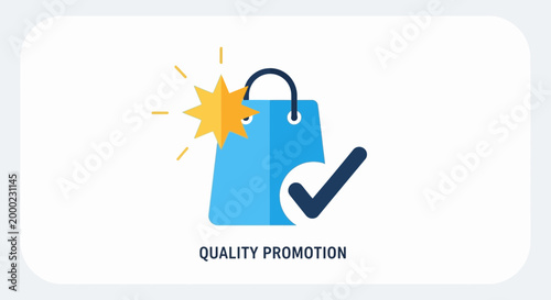 Shopping bag with checkmark and starburst symbol representing quality