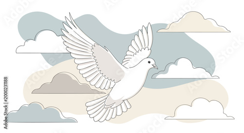 White dove flying, clouds background, peaceful illustration, symbol of hope