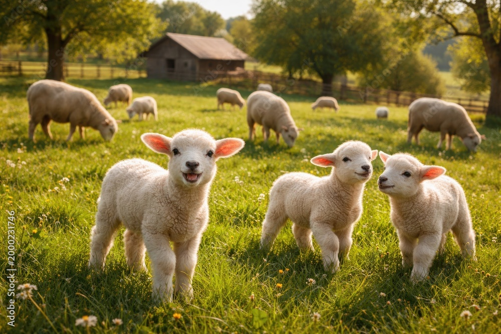 Fototapeta premium Cheerful lambs and sheep enjoying a green farm lawn in summer