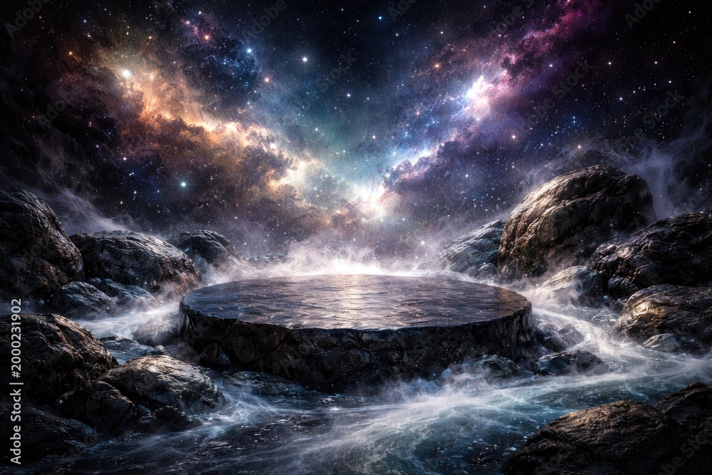 Fototapeta premium Cosmic background podium with a mix of rocks, stones, and gentle foam details