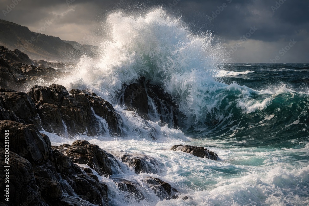 Fototapeta premium Fierce ocean swell collides with rough rocky shore producing dynamic spray