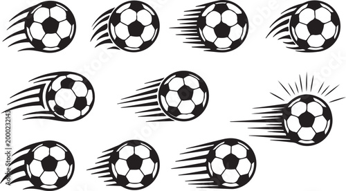 Collection of black silhouette soccer balls in motion with motion lines, representing speed and the sport of football, perfect for sports graphics and designs.