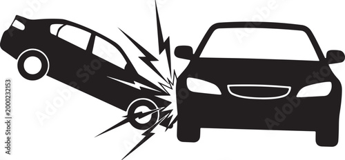 Dramatic black silhouette of a car crash, showing two vehicles colliding with impact lines, illustrating accidents, danger, and traffic safety concerns.