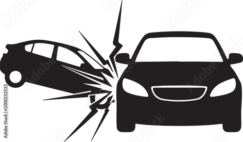 Dramatic black silhouette of a car crash, depicting two vehicles colliding with impact lines, symbolizing accidents, danger, insurance, and the consequences of reckless driving.