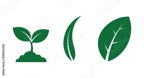 Green leaf icons, plant symbols, eco friendly graphics, nature illustrations, vector set