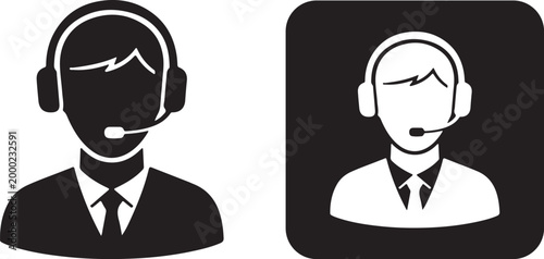 Customer service representative silhouette wearing headset and suit, symbolizing communication, support, and professional assistance in a business context.