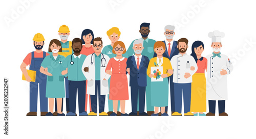 Celebrating International Workers' Day, a diverse group of professionals, including a chef, doctor, and construction worker, stand together in a bright, flat vector illustration