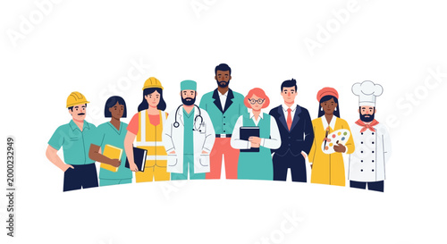 A diverse group of professionals, celebrating International Workers' Day and labor day, stands together in a vector illustration against a clean white background, showcasing unity