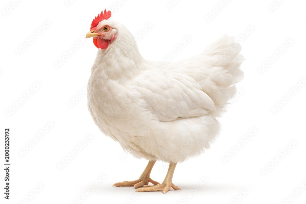Fototapeta premium A white domestic chicken alone on a bright white studio backdrop