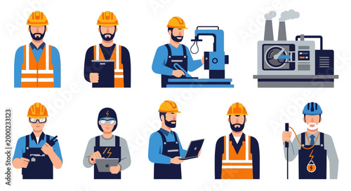 Celebrating International Workers' Day, a diverse group of male laborers in various roles, including construction and manufacturing, are depicted in a bright, clean vector illustration