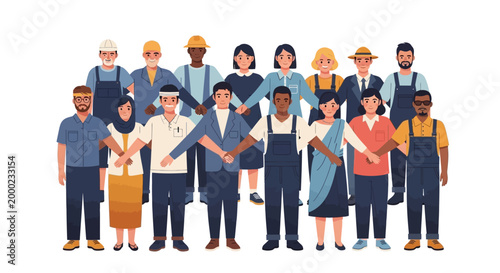 Celebrating International Workers' Day, a diverse group of laborers stands together holding hands in unity, rendered in a flat vector illustration style against a clean white background