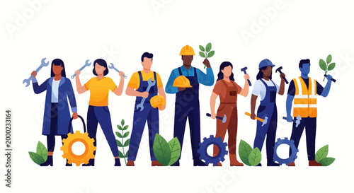 Celebrating International Workers' Day, a diverse group of laborers stands together with tools and foliage against a clean white background in a bright vector illustration