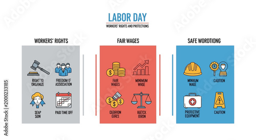 On International Workers' Day, this graphic presents labor day themes through vibrant illustrations in a horizontal layout, showing workers' rights, fair wages, and safe working conditions