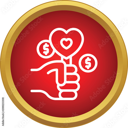 Hand holding a heart lollipop and dollar coins representing charity and donation