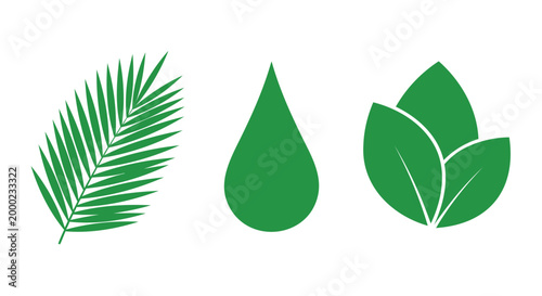 Eco friendly icons, green leaf and water drop, sustainable symbols, vector graphics