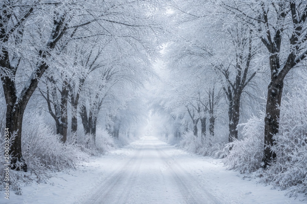 Obraz premium A serene snowy lane edged with frost coated trees on a cold day