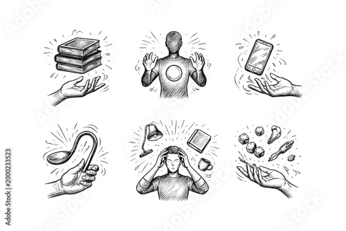 Collection of hand-drawn illustrations depicting various objects and actions